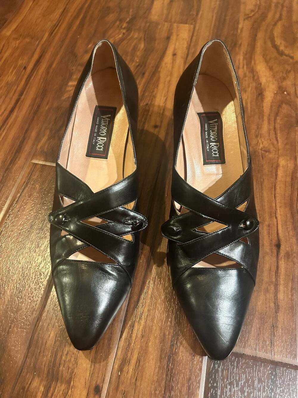 Vittorio Ricci Vintage Black Leather Pointed Toe Cutout Heels Size 9.5B